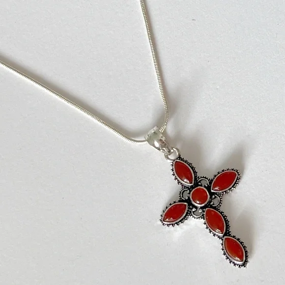 925 Sterling Silver Carnelian cross Necklace Gemstone Womens Jewelry handmade - Picture 8 of 10